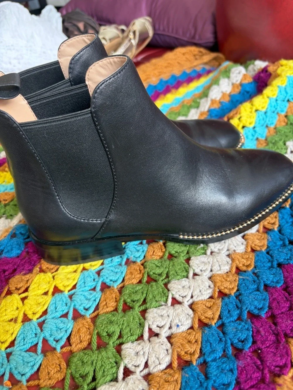 Coach Nichole Leather Chelsea Boots, black with gold trim, 6.5